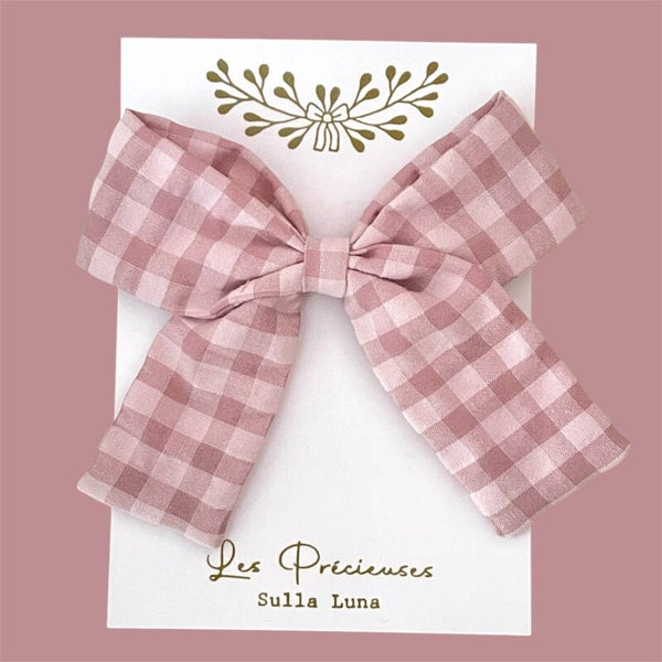 Barrette grand noeud vichy bois de rose