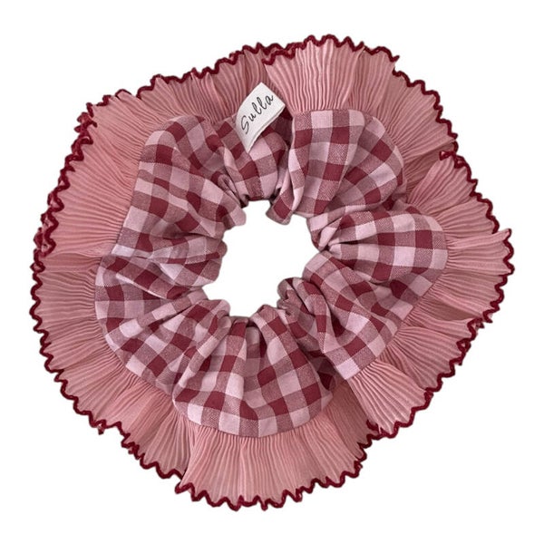 Chouchou dentelle vichy rose & framboise