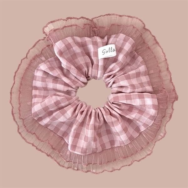 Chouchou dentelle vichy bois de rose