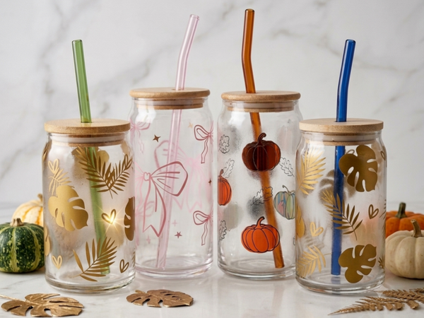 Decorated Libbey Style Can in Glass with Straw