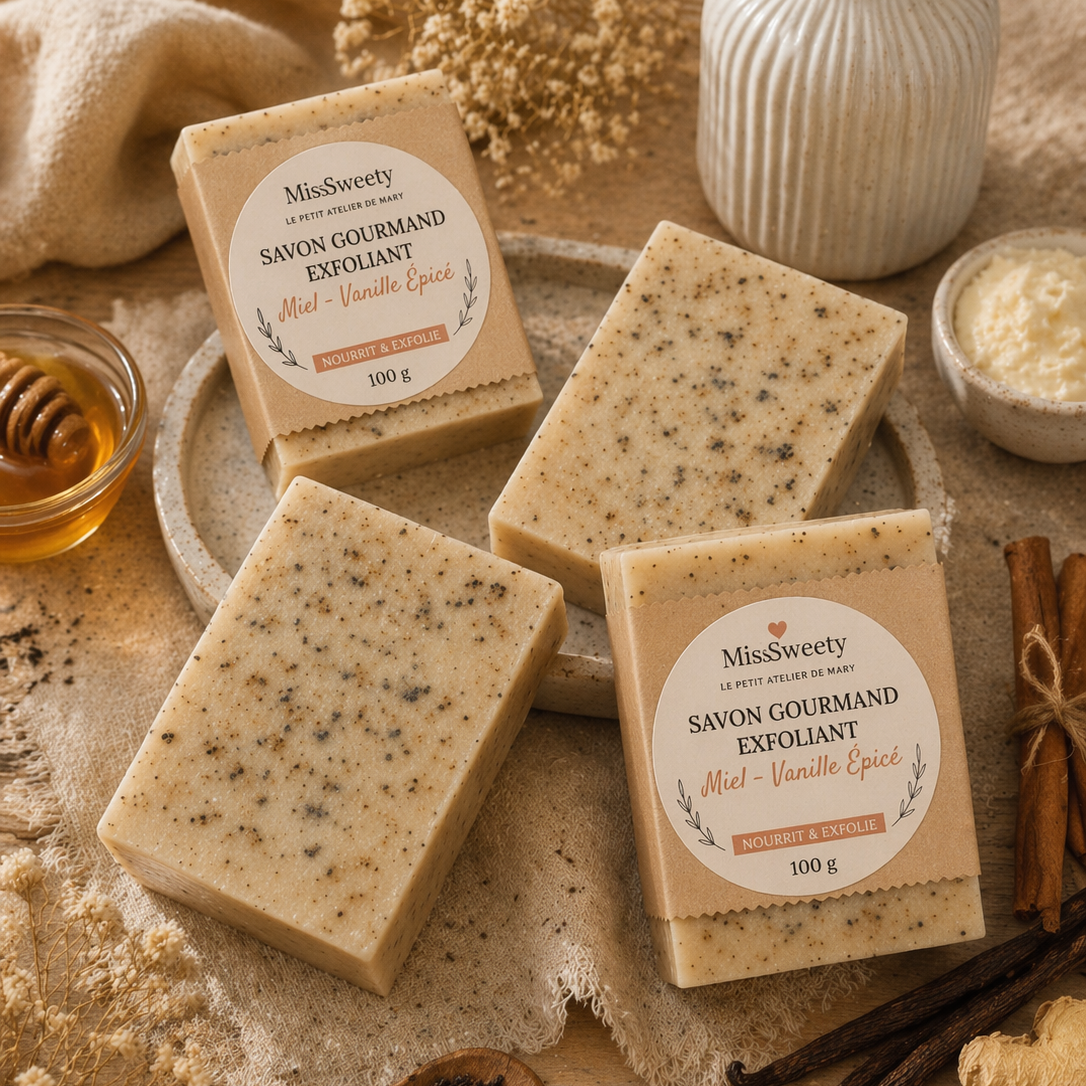 DOUCEUR Miel & Thé Noir Savon artisanal – Exfoliant Doux & Éclat