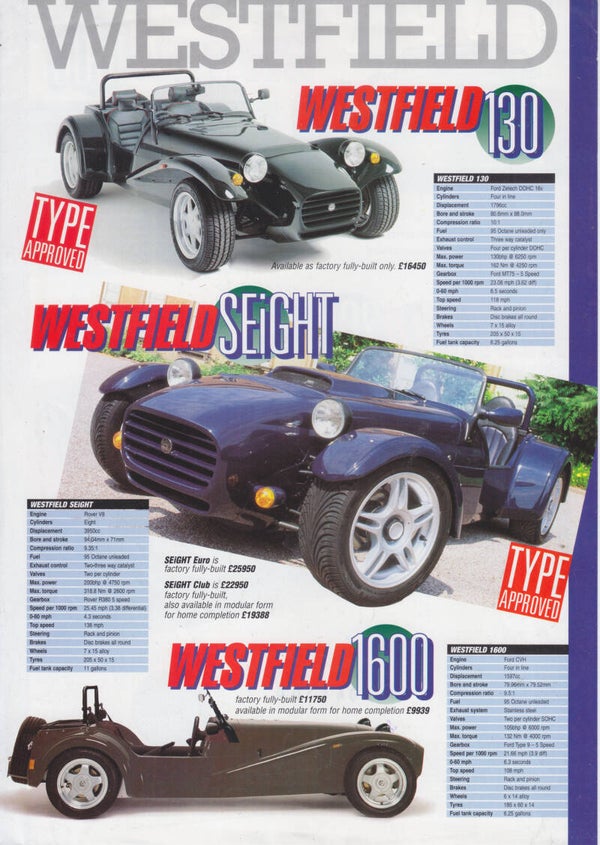 Westfield sports cars model range, leaflet, 2 pages, UK, 1997
