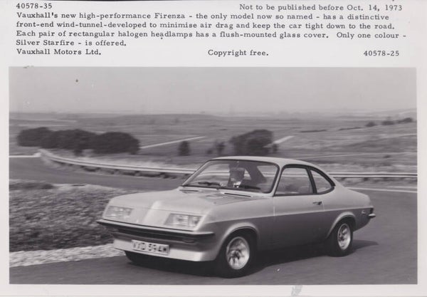 Vauxhall Firenza Coupe "droop snoot", press photo, A5-size, UK, 10/1973