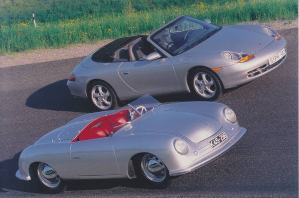 Porsche model 1 roadster (1948) & Boxster, press photo, Germany, c1996