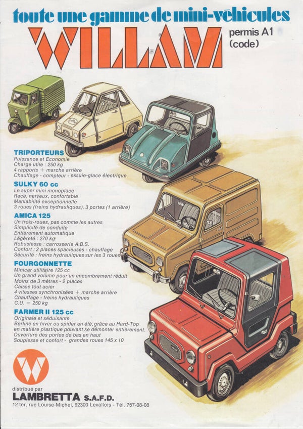 Willam mini vehicles leaflet, 2 pages, French, c1986