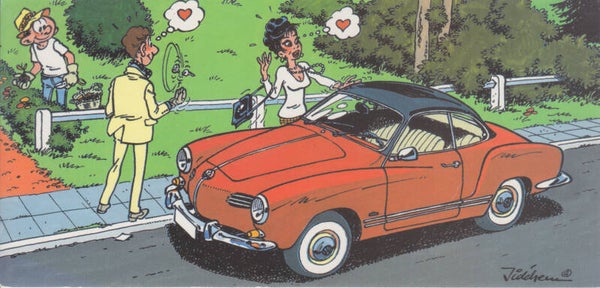 Volkswagen Karmann Ghia Coupe, oblong postcard, Belgium, 1998