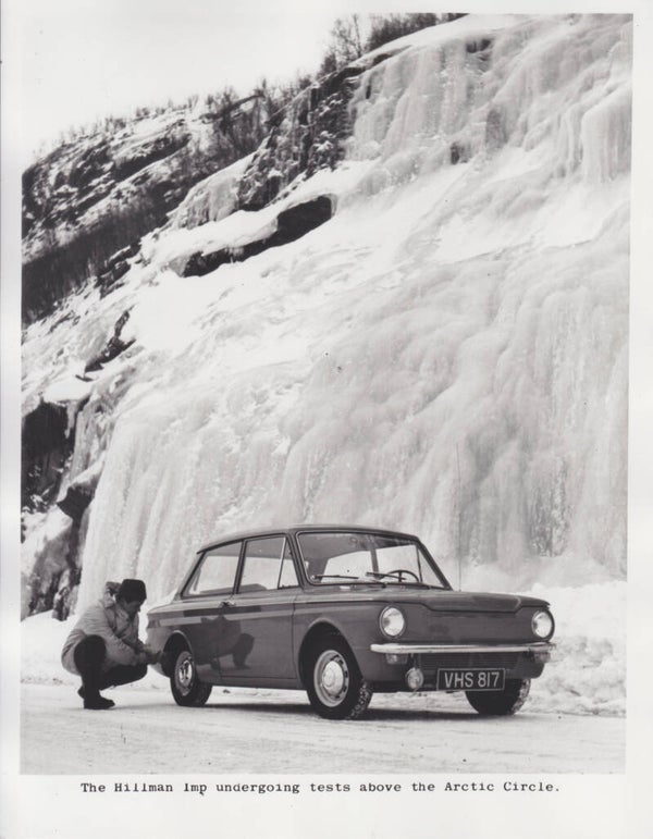 Hillman Imp in cold testing, press photo, UK, mid 1960s