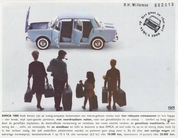Simca 1000 Sedan, sales leaflet, 2 pages, Dutch, 1963