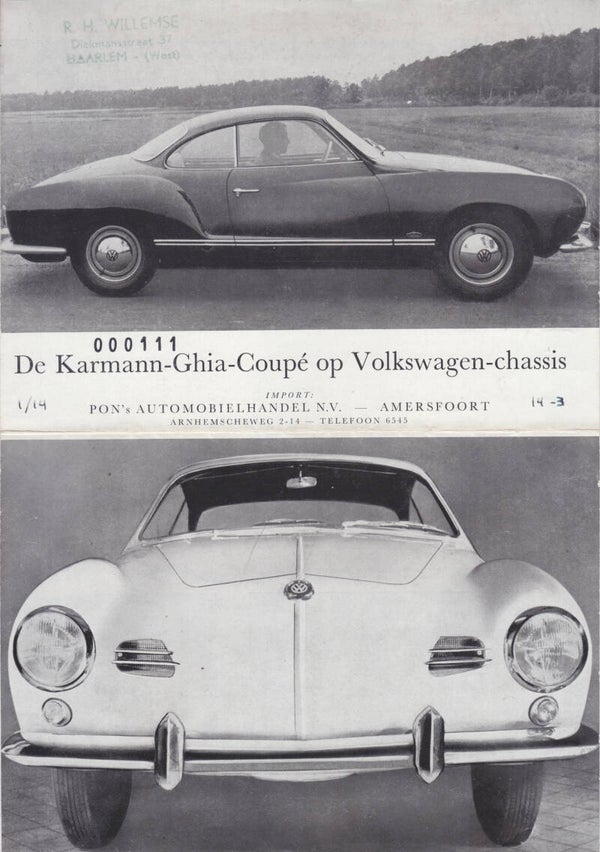 Volkswagen Karmann Ghia Coupe, large folder, Dutch, c1955