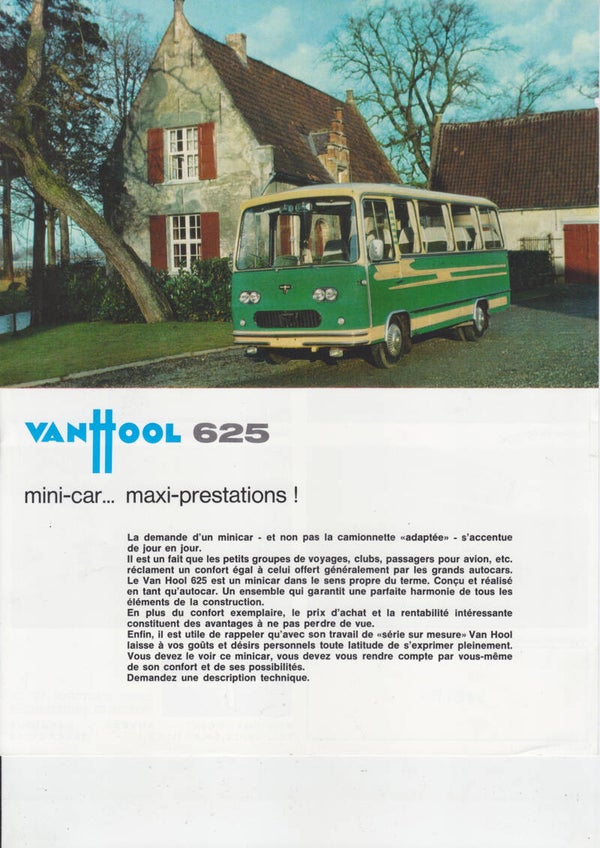 van Hool 625 Minicar bus leaflet, 2 pages, French language, c1967
