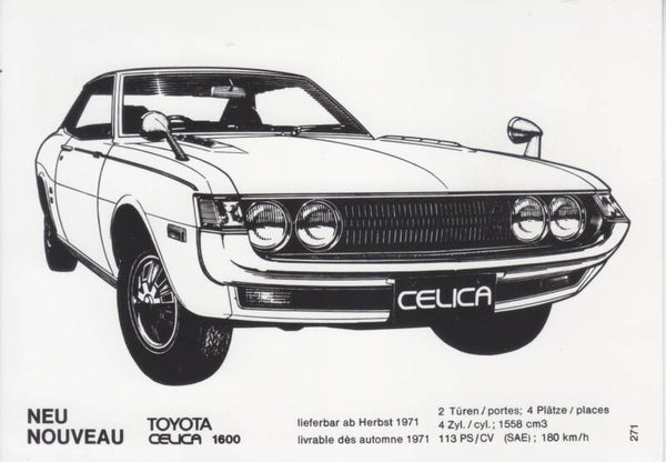 Toyota Celica 1600 Coupe, 2 different press photo's, size A6, Swiss, 2/1971