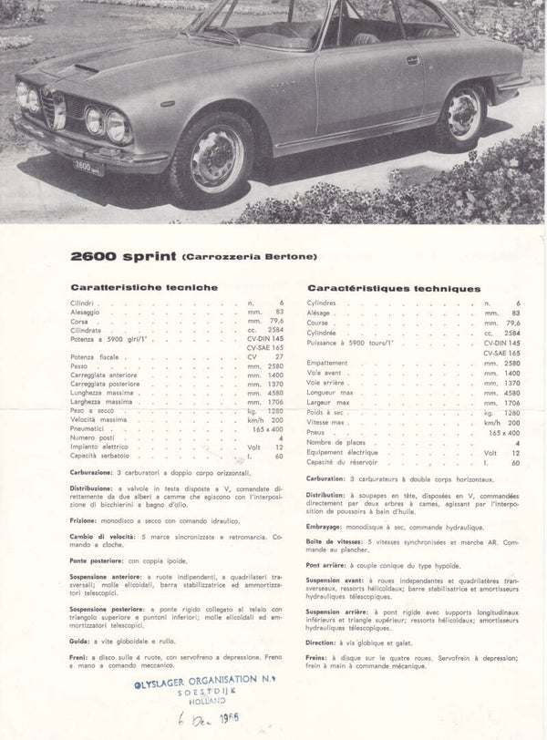 Alfa Romeo 2600 Sprint by Bertone leaflet, 2 pages, 4 languages, 1966