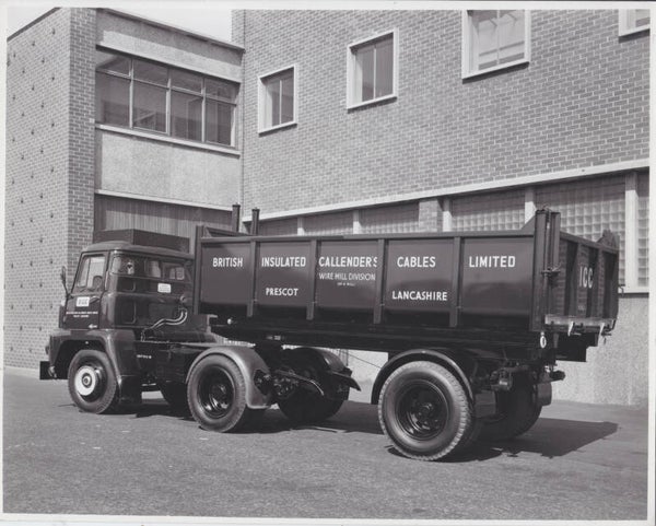 Leyland Comet/Scammel tipping semi-trailer, pair of press photos, UK, 1959