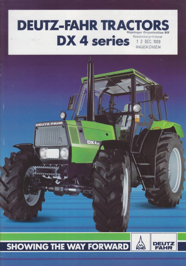 Deutz-Fahr DX 4 tractor program, 16 + 4 page brochure, English, 6/1989