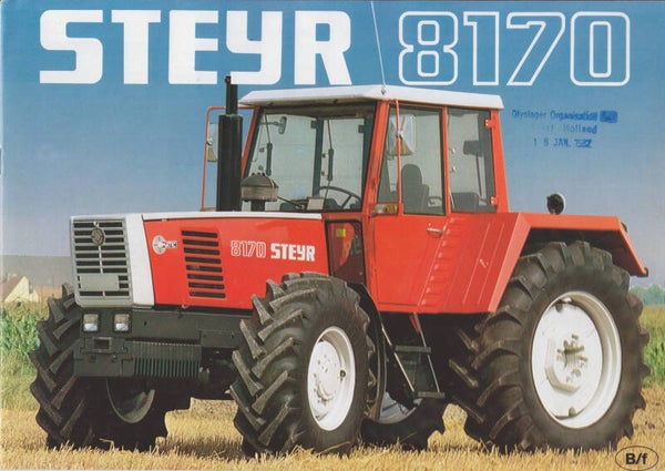 Steyr 8170 tractor program, 16 page brochure, French, 5/1981