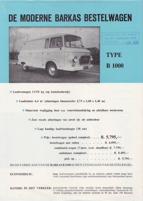 Barkas B 1000 Van leaflet, 2 pages, Dutch, c1965