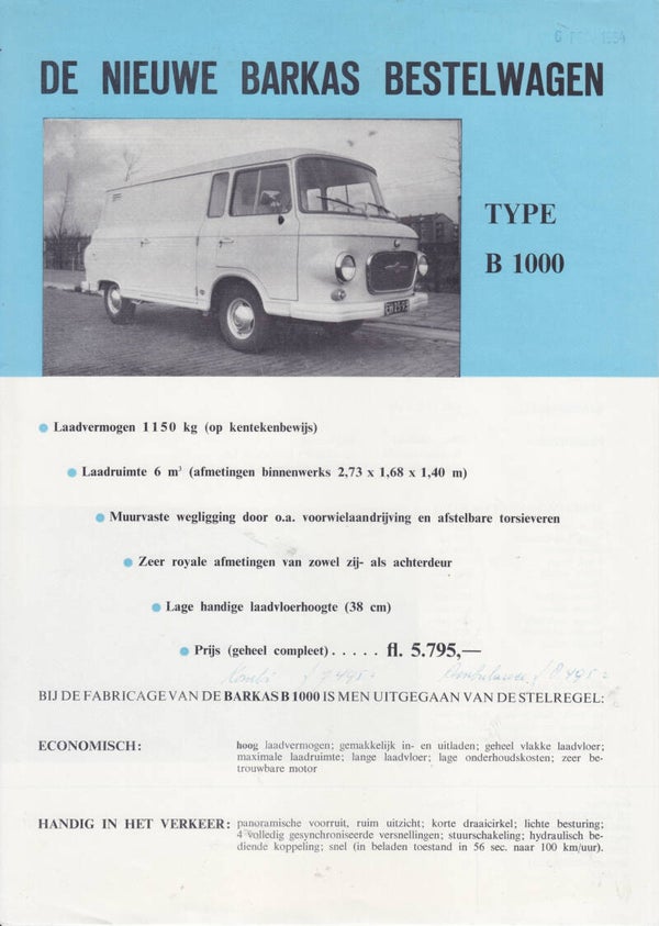 Barkas B 1000 Van leaflet, 2 pages, Dutch, c1964