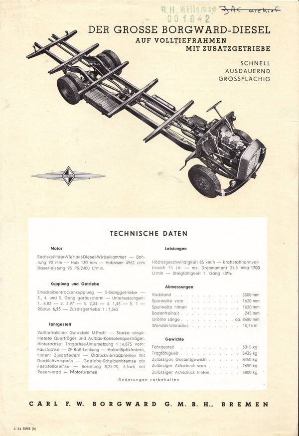 Borgward Diesel BO 4500 Chassis leaflet, 2 pages, German, 2/1954