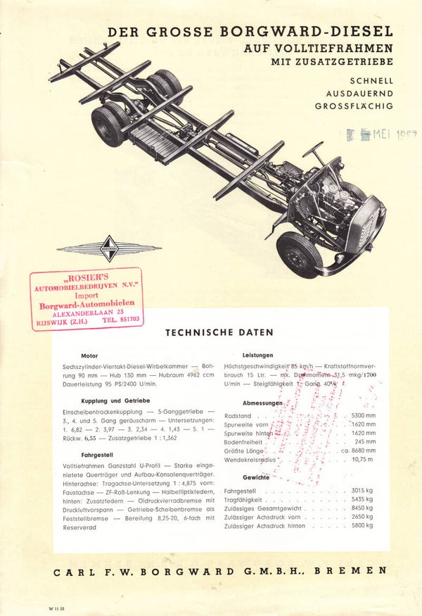 Borgward Diesel BO 4500 Chassis leaflet, 2 pages, German, 11/1953