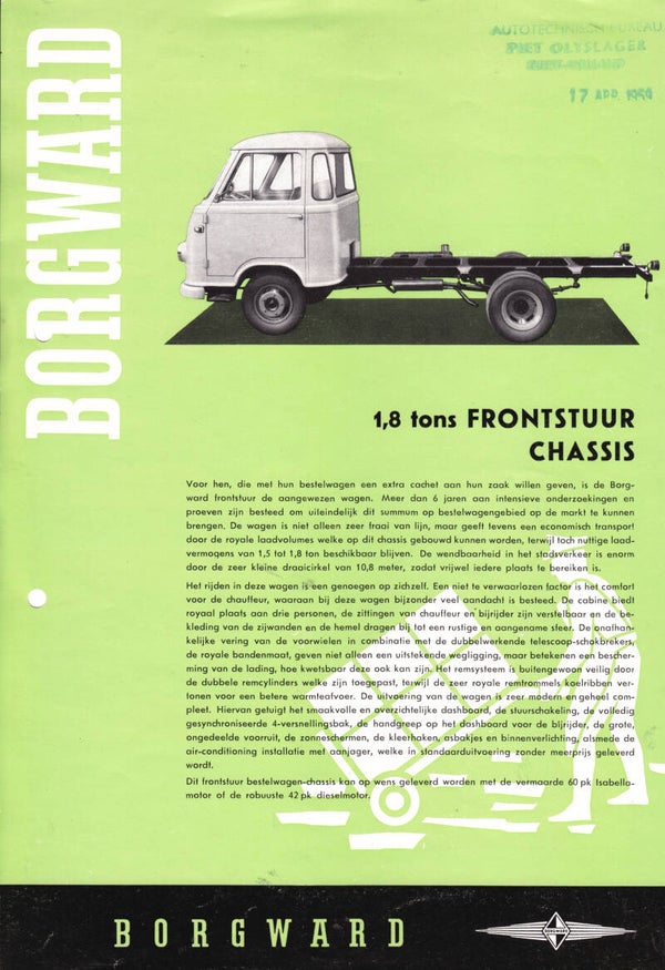 Borgward 1.8 Van Chassis leaflet, 2 pages, Dutch, 1/1959