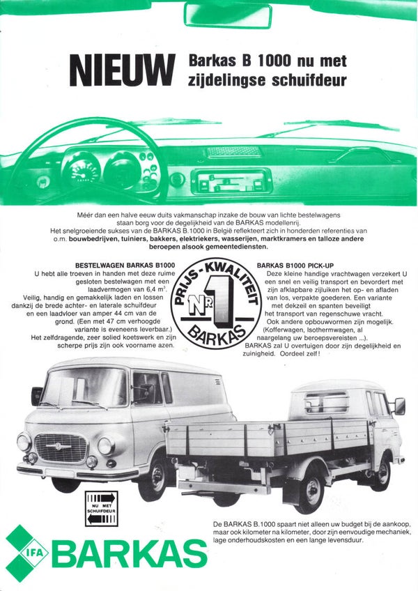 Barkas B 1000 range leaflet, 2 pages, Dutch, 8/1988 [Belgium]