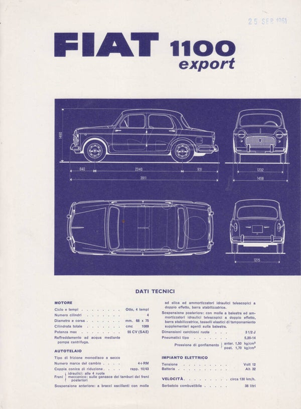 Fiat 1100 Export Sedan, leaflet with techn. specs., 5 languages, 1961