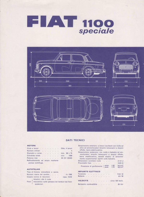 Fiat 1100 Speciale Sedan, leaflet with techn. specs., 5 languages, 1961