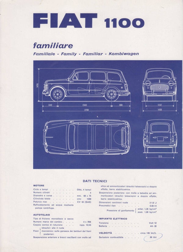 Fiat 1100 Familiare, leaflet with techn. specs., 5 languages, 1961