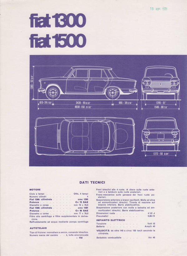 Fiat 1300 & 1500 Sedan, leaflet with techn. specs., 5 languages, 1962