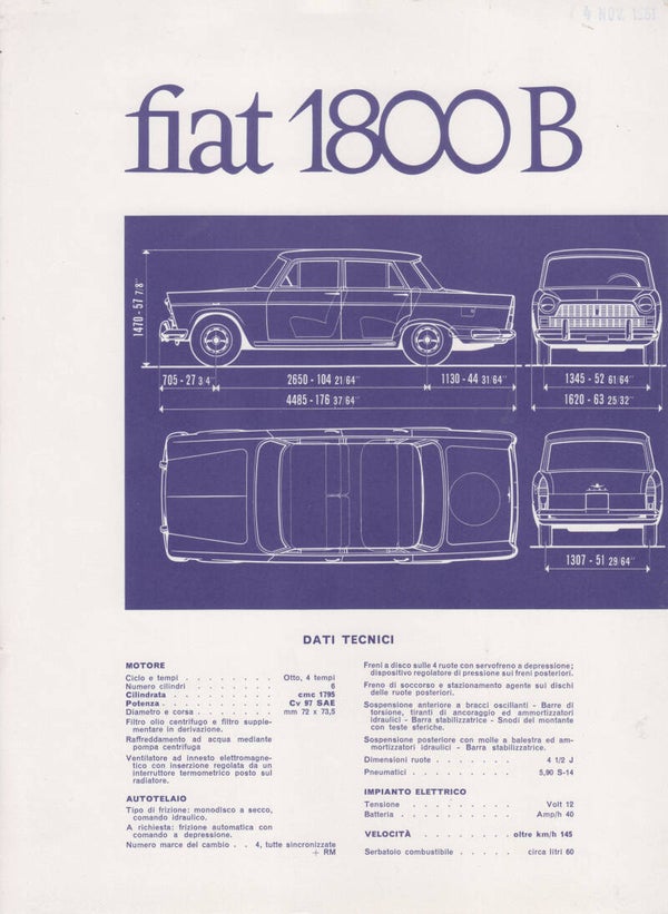 Fiat 1800 B Sedan, leaflet with techn. specs., 5 languages, 1962