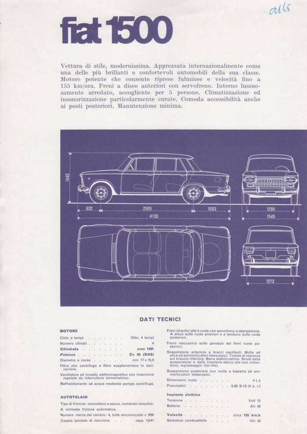 Fiat 1500 Sedan, leaflet with techn. specs., 5 languages, 1965