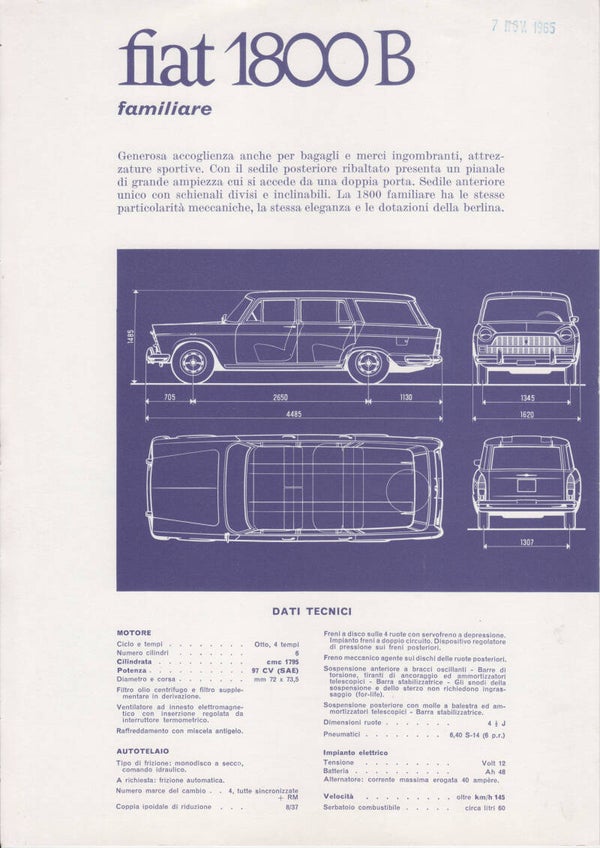 Fiat 1800 B Familiare, leaflet with techn. specs., 5 languages, 1965