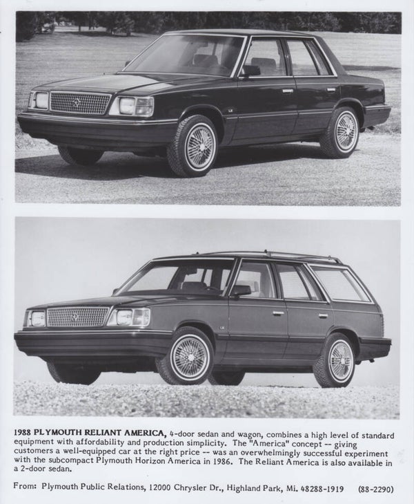 Plymouth Reliant America 4-Door & Wagon, press photo, USA, 1988