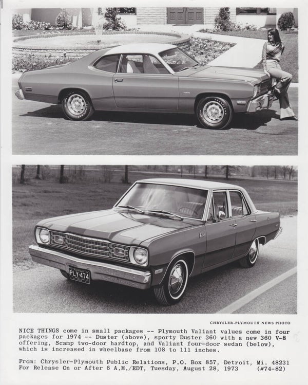 Plymouth Duster & Valiant, press photo, USA, 1974