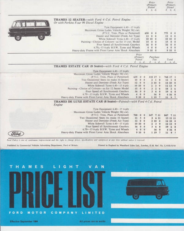 Ford Thames light van price list folder, 6 pages, English, 9/1964