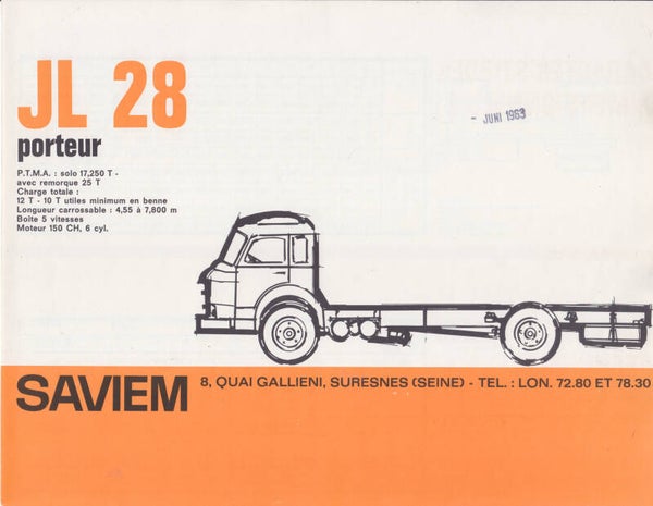 Saviem JL 28 truck chassis folder, 4 pages, French, c1963