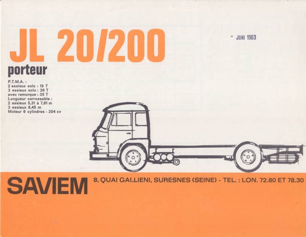 Saviem JL 20/200 truck chassis folder, 4 pages, French, c1963