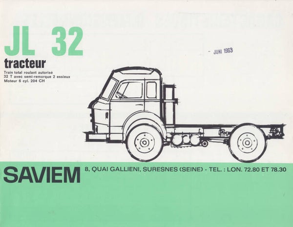 Saviem JL 32 truck chassis folder, 4 pages, French, c1963