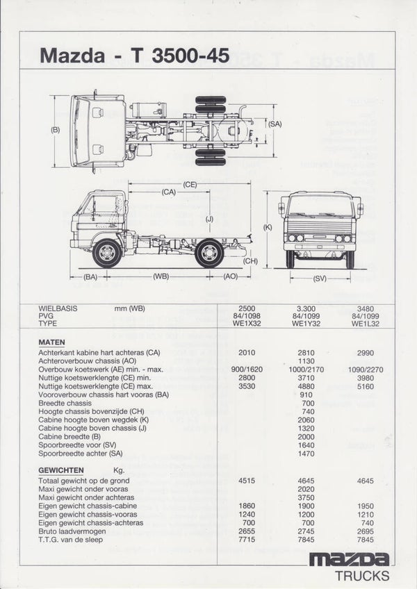 Mazda T3500 light truck specs. sheets, 3 leaflets, Dutch, 1985