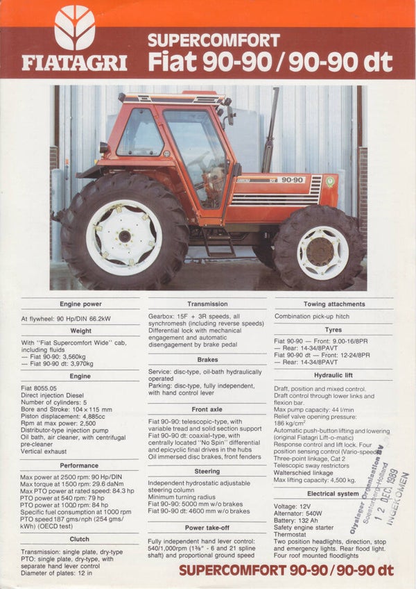 FiatAgri 90-90/dt tractor leaflet, 2 pages, English, 1990