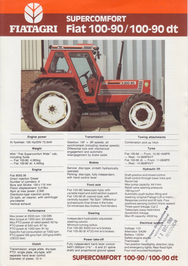 FiatAgri 100-90/dt tractor leaflet, 2 pages, English, 1990