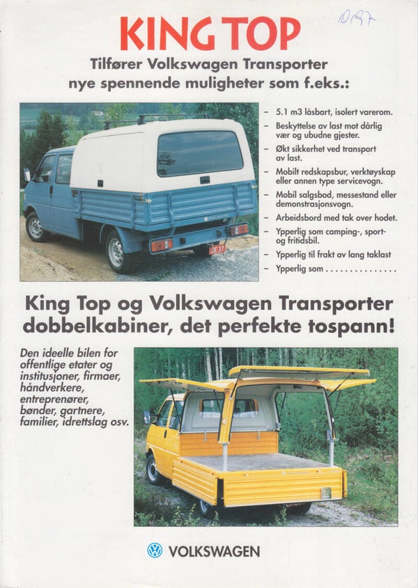 Volkswagen Transporter Double Cab with King Top, sales leaflet, 2 pages, Norwegian, c/1998