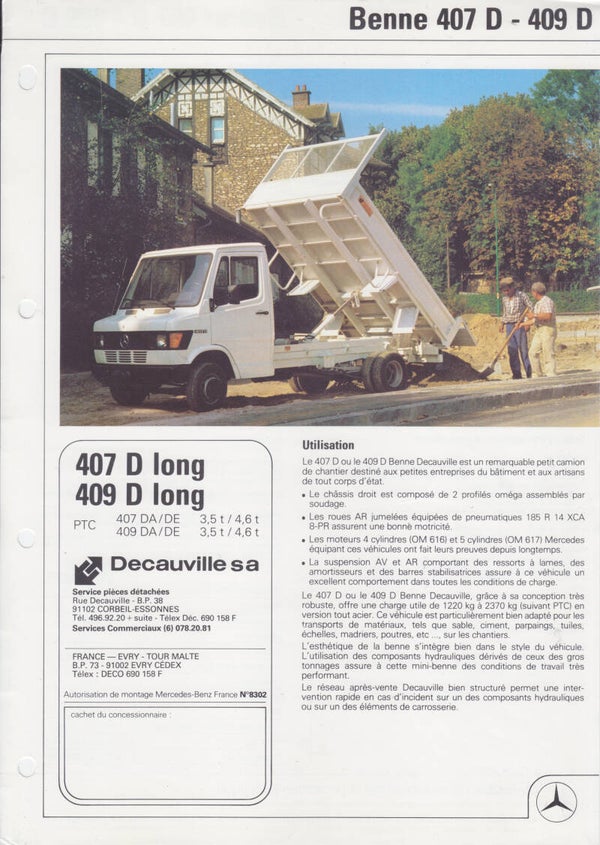 Mercedes-Benz 407D/409D kipper, sales leaflet, 2 pages, French, 11/1983