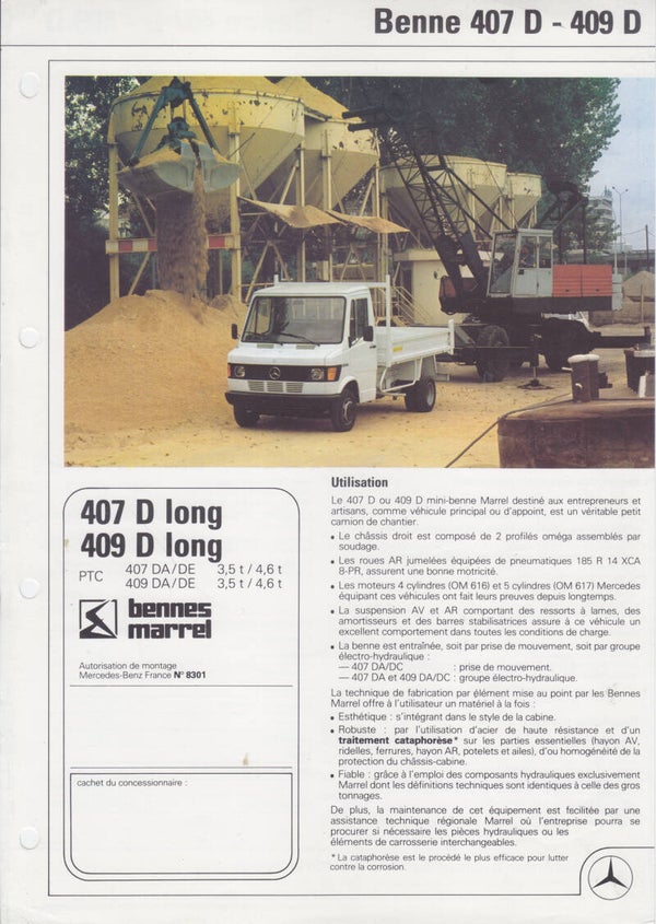 Mercedes-Benz 407D/409D kipper, sales leaflet, 2 pages, French, 11/1983