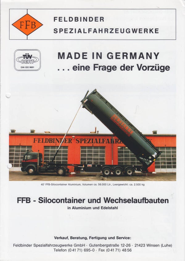 FFB Feldbinder trailers, sales folder, 4 pages, German, 1980s
