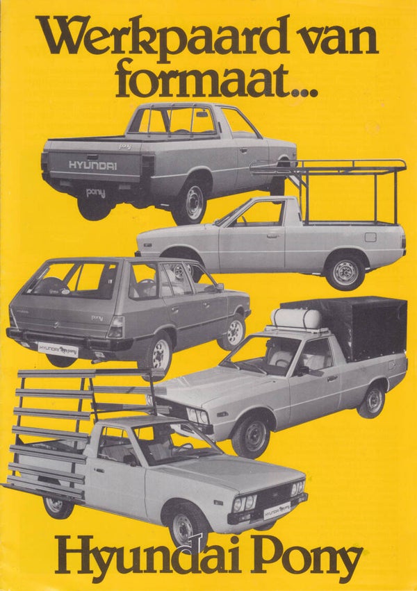 Hyundai Pony Commercials, sales folder, 6 pages, Dutch, 1981