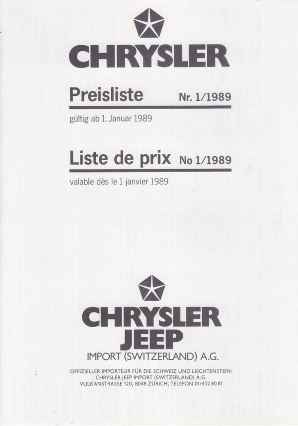 Chrysler USA, price list folder, 8 pages, Swiss market, 1/1989