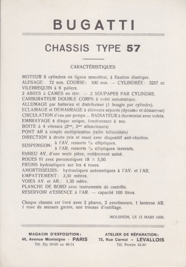 Bugatti specifications for Chassis type 57, 2 page leaflet, France, 3/1939