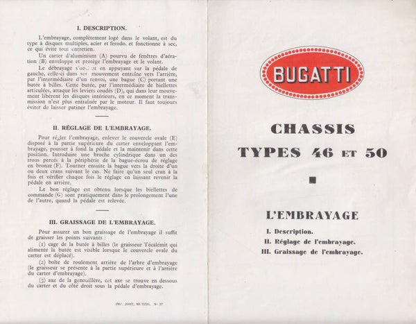Bugatti Clutch for Chassis types 46 & 50, 4 page folder, France, c1937
