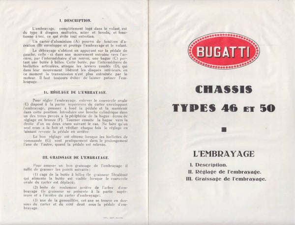 Bugatti Clutch for Chassis types 46 & 50, 4 page folder, France, c1937